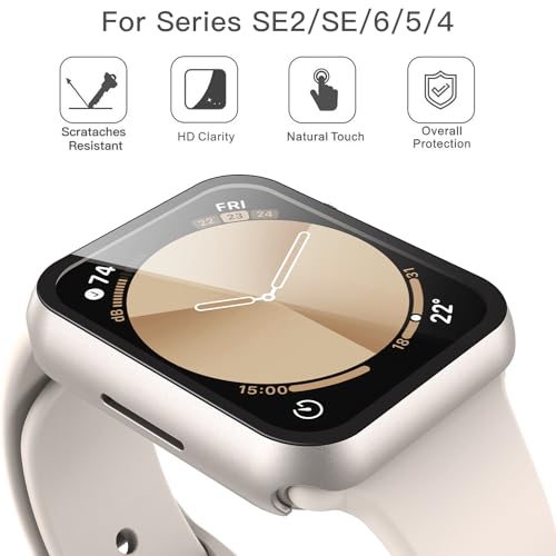 Image of Misxi 2 Pack Hard PC Case with Tempered Glass Screen Protector Compatible with Apple Watch SE 3 (2025) SE 2 SE Series 6 Series 5 Series 4 40mm, Anti-Drop Scratch Resistant Cover for iWatch, 2 Starlight