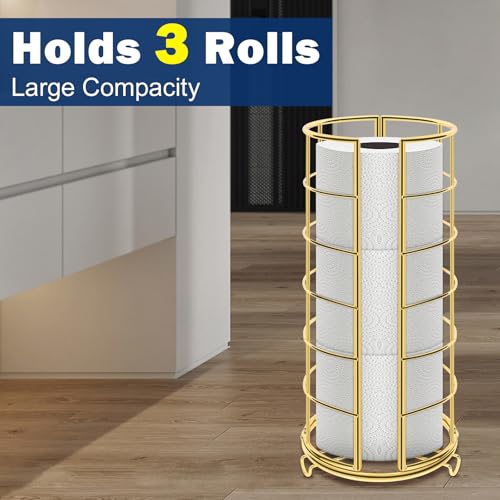 NearMoon Toilet Paper Organizer Stand, Free Standing 3 Rolls Tissue Storage, Metal Bathroom Accessory, Rustproof Toilet Roll Holder for Kitchen Countertop Inside Cabinet Shelf(Metal Base, Gold)