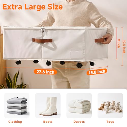 KitHero 2er-Set Große Unterbett-Aufbewahrung mit Rädern, 60 Liter Volumen - 26,5 cm Höhe (10,5 Zoll) - Weiße Rollbox mit Klarsichtdeckel für Stiefel, Decken & Kleidung