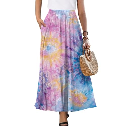 Womens Long Skirts Casual Hig Waisted Elastic Band A Line Ruffle Swing Skirt with Pockets Size S-2XL