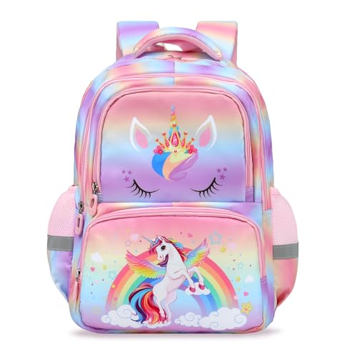 decalsweet Zaini Scuola per Bambini con Fascia Toracica, Zaino Elementari Bambino con Strisce Riflettenti, Grande Capacità Borse da Scuola, Zaino Ragazze Ragazzi per la Scuola e Viaggi (Unicorno)