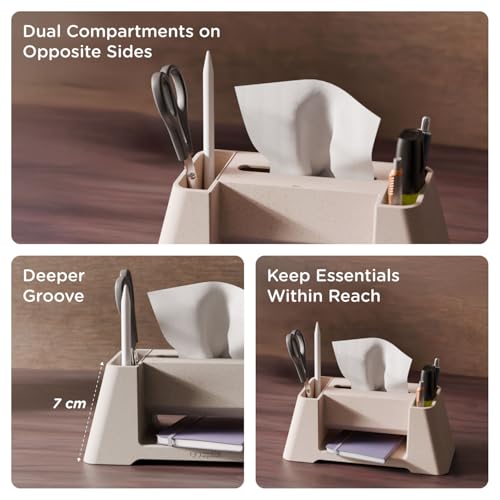 Image of eo Desk Organizer with Tissue Dispenser, Pen Stand & Phone Holder | Multipurpose Stationery Organizer for Office Desk, Study Table & Home | Made with 35% Rice Husk Blend (Versa, Sustainable)