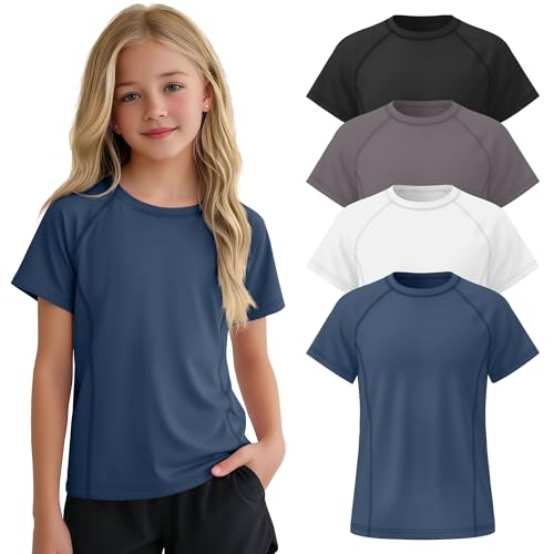 LessonZoo 4 Pack Girls Athletic Shirts Quick Dry Short Sleeve Gym Active Tops Kids Youth Crew Neck Summer Activewear Tee(Haze Blue White Dark Gray Black 5-6 Years)