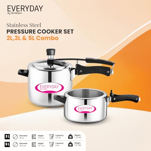 Image of Everyday Stainless Steel Pressure Cooker Combo (3.5L + 5L) | 2 Cookers, 1 Shared Lid | Mirror Finish | Inner Lid Design | Gas & Induction Compatible | Large Family Bundle
