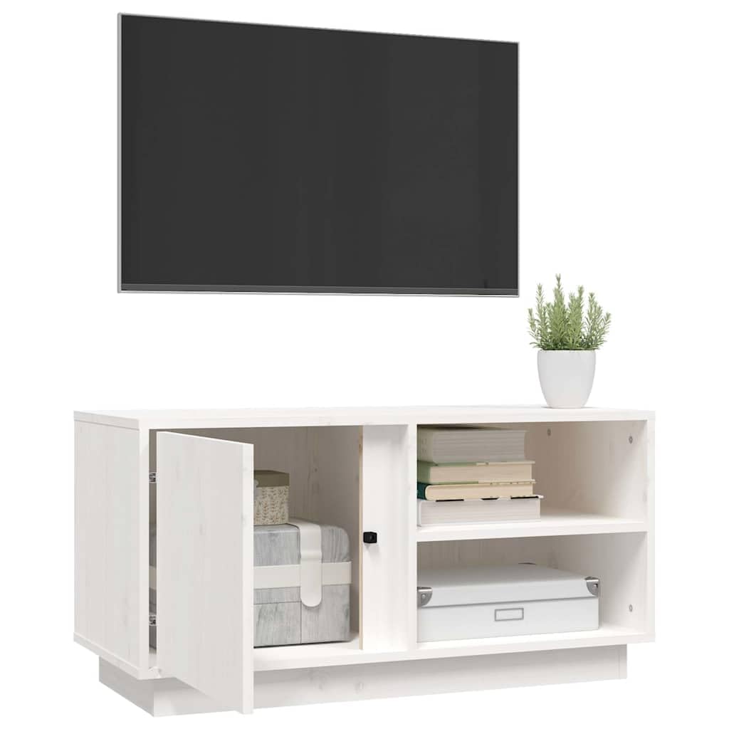 Biała szafka pod telewizor z litego drewna sosnowego, 80 x 35 x 40,5 cm, z miejscem do przechowywania, 3 półki i drzwiami, szafka do salonu na stolik pod telewizor, szafka pod telewizor