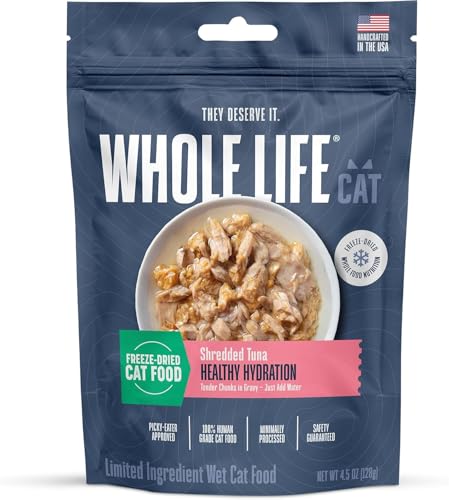 Whole Life Cat Freeze Dried Cat Food - Human-Grade Wet Food Toppers, Snacks & Lickable Treats, Instantly Hydrating Natural Broth Just Add Water - Shredded Tuna, 4.5 Oz