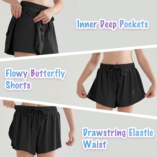 Girls Flowy Athletic Shorts with Pocket Kids Spandex 2 in 1 Drawstring Butterfly Skorts for Cheer, Dance, Running4