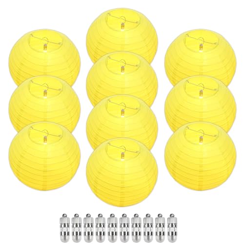 Image of Yellow Chinese Paper Lanterns with LED Lights, 10-Pack 12inch | Hanging Lights for Fall Festival, Birthday Decorations, Ceiling Decor, Home Party & Baby Shower