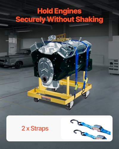 VEVOR Motorständer Motorhebewagen (340 kg belastbar) mit Einstellbarer Breite & Länge, Hochleistungs-Motorhalterung aus Stahl mit 4 Lenkrollen und 2 Ratschenbändern, geeignet für die meisten Motoren