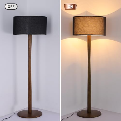Image of 62 inch Tall Rustic Walnut Wood Floor Lamp with Large Linen Shade, Black