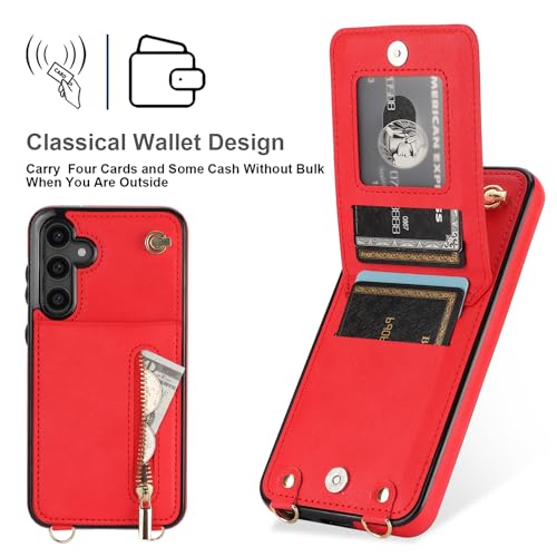 Ephoou Crossbody Wallet Case Compatible with Samsung Galaxy S23 FE with Card Holder, Purse Cover [Removable Cross Body Strap] with Stand Function for Galaxy S23 FE Zipper Case XKLL-Red