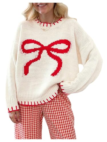 SOLY HUX Women's Y2k Bow Sweater Crewneck Long Sleeve Knit Pullover Tops Oversized Sweaters Red and White Bow Large
