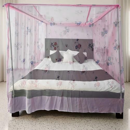Image of Mosquito Net for King Size Bed - Foldable Square Mosquito Net Double Bed | Mosquito Net for Queen Size Bed | Floral Printed with Base Cloth Mosquitoes Net Sukun Wali Neend (6.5 x 6.5ft, Pink)