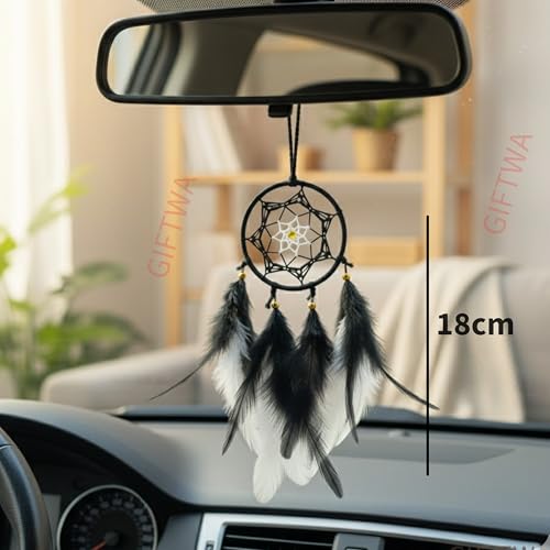 Image of Black Dream Catcher 3 Inch with Black & White Mix Feathers - Mini Dreamcatcher for Car Hanging, Wall Hanging, Home Decor, Positive Energy Protection