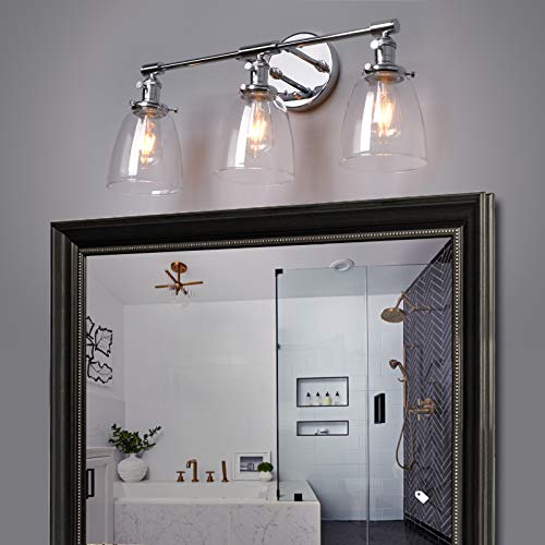 Image of Phansthy 3-Light Wall Sconces Antique Brass Vanity Light, Industrial Wall Lamps with On Off Switch and Clear Glass Lampshade, Vintage Wall Lighting for Bathroom Living Room (Chrome, Bell Shade)