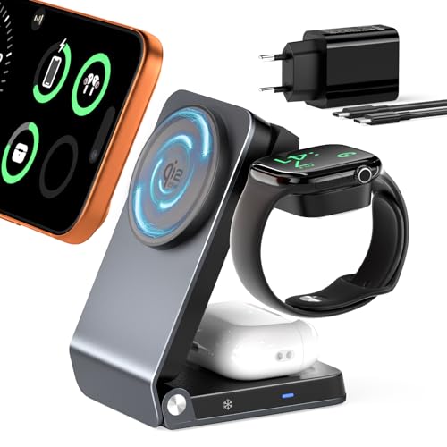 ALAFLY 3-in-1 Ladestation mit Qi2.2 25W, Metall Kratzfest Magnetischer kabelloser Ladegerät kompatibel mit MagSafe iPhone 17 16/Apple Watch/AirPods, Tragbar & Faltbarer Ladeständer