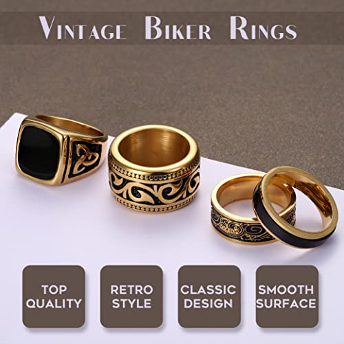 Jstyle 4Pcs Stainless Steel Vintage Signet Rings for Men Biker Rings Set Pinky Thumb Celtic Band Ring Spinner Ring Silver Gold Polished Edge Mens Rings for Men Jewelry Gift4
