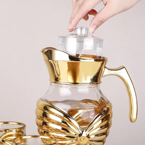 Image of Crystal Golden Water and Juice Glasses Set of 6 and Jug 1 piece Transparent, Glass and Jug Set for Dining Table,Party,Gift Set,All pourpse use Set of 1 (7 piece) (MT-5)