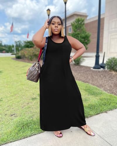 Image of TOPSRANI Womens Plus Size Maxi Dresses for Women Oversize Casual Short Sleeve V Neck Loose Plain Solid Trendy Summer Dress