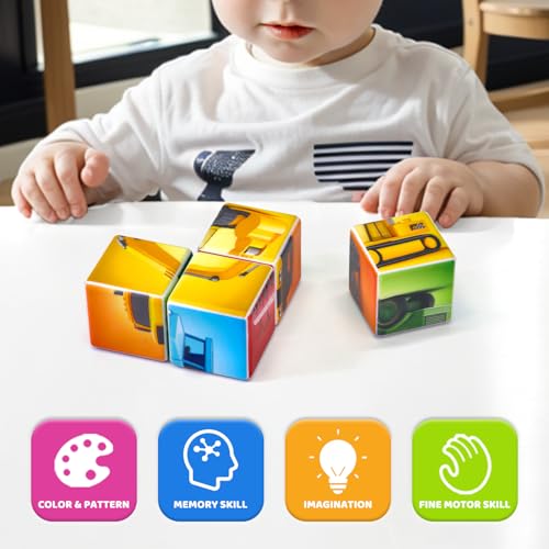 Image of Pairez Toys Magnetic Cubes for Toddler, 1.65 inch Large Building Blocks Tiles, Construction Vehicles Puzzles Game for Toddlers, STEM Educational Learning Toys for Boys & Girls Ages 1 2 3