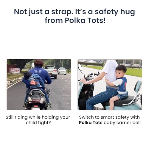 Image of POLKA TOTS Premium Safety Belt for Kids for Bike & Scooty | Kids Safety Belt for Two wheeler with Reflective Strips for Night Riding | 3-Point Baby safe Buckle | Adjustable and Cushioned Shoulder & Waist Straps | 0 to 10 Year