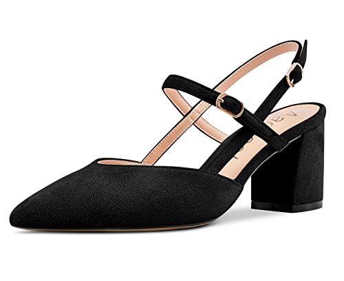Aachcol Women Chunky Block Mid Low Heel Pumps Ankle Strap Slingback Pointed Toe Dress Shoes Office Party Wedding Suede 2.5 Inch