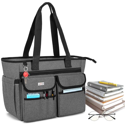 LoDrid Lehrertasche mit Bodenpolster, mit separater Laptop-Schicht (bis zu 15,6 Zoll), Lehrertaschen und Tragetaschen, Lehrer-Utility Bag mit großem Fach, Grau