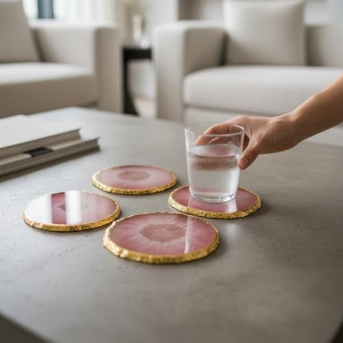 Image of Natural Agate Stone Tea Coasters Set | Premium Stone Coasters for Tea, Coffee & Glass | Heat Resistant Coasters for Dining Table, Office Desk & Home Decor | Pack of 4 | Color -Pink