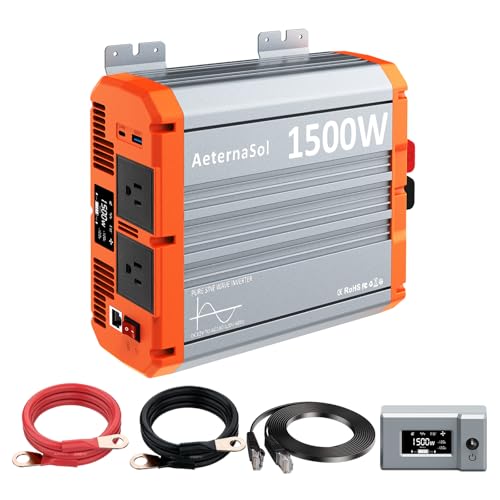 Image of 1500W Pure Sine Wave Inverter 12V DC to AC 110V/120V, RV Inverter with Remote, Solar Battery Inverter 12V Inverter for Power Outage Pickup Shed, 2 AC Outlets, USB Fast&Type-C, 2 LCD Screens,Surge3000W