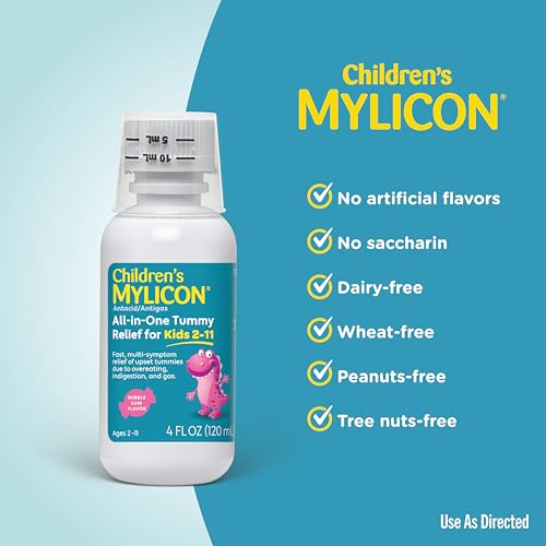 Image of Children's Mylicon All-in-One Tummy Relief Liquid For Indigestion for Kids, Bubble Gum Flavor, 4oz | Fast-acting liquid relieves gas, bloating, indigestion & heartburn for kids . Simethicone + calcium carbonate . 4 fl oz