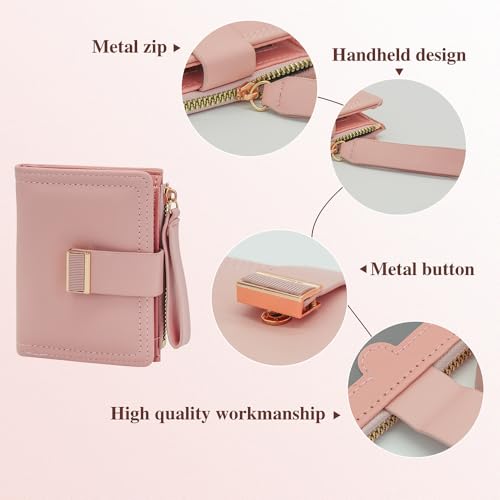 Woman Wallet, Solid Color Lady Zipper Wallet Leather Wallet Purses with Portable Rope and Snap Button Credit Card Holder(Pink)4