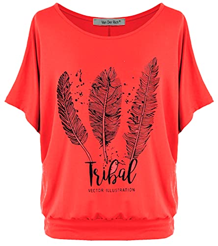 Van Der Rich ® - Tee Shirt Imprimé Oversize Manche Chauve Souris - Femme (Plume-Rouge, L)