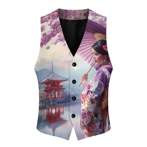 Japanese Kimono Beauty Geisha Men's Suit Vests Business Formal Dress Vest V-Neck Waistcoat for Wedding Casual4