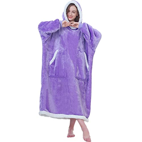 Kipswiza Blanket Hoodie - Wearable Blankets Long Cozy Flannel & Sherpa Fluffy Blanket Sweatshirt With Big Pockets For Adult Women Men Family Friends Light Purple #TOP6