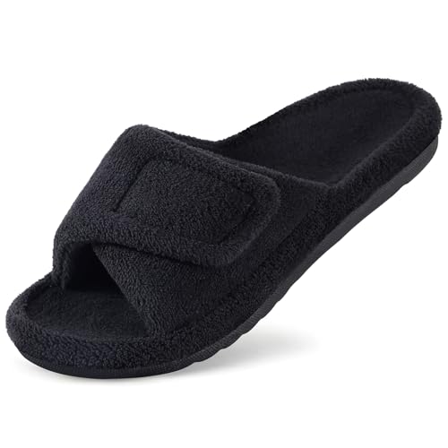 Litfun Women's Orthopedic Slippers with Arch Support Adjustable Open Toe House Shoes for Plantar Fasciitis, Coal Black 41