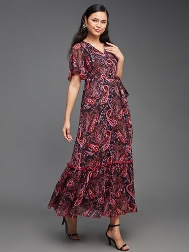 Image of Miss Chase Women's Multicolored-Base-Brown Relaxed Fit Maxi Lurex Chiffon Dress