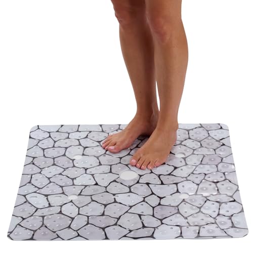 Image of ENKOSI Square Shower Mat 27x27 inch - Anti Slip Shower Stall Floor Mat - Non Slip Shower Mats with Strong Secure Suction Cups and Drain Holes in Middle (27x27 Pebble)