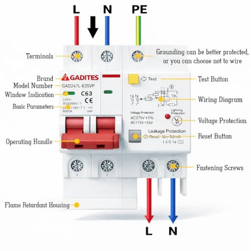 Image of 63 Amp 6-in-1 Electrical Protection Device | Overload, Short Circuit, Leakage (30mA), Lightning, Over & Under Voltage Protection | Switch for Home & Industrial Use (Single Phase)