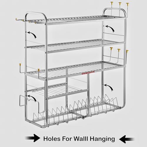 DEMIQON Stainless Steel Kitchen Dish Rack | Wall Mounted Dish Rack | Kitchen Storage Organizer | Wall Hanging Utensil Holder | Multipurpose Wall Rack | Plate, Bowl, gilass,cup stand (31x30 INCH)