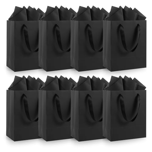 Epoesch 8 Pack Black Small Gift Bags with Handles and Tissue Paper 8x5x10 Inch Paper Bags for Men Women Birthdays Party Baby Showers Weddings Valentines Day Easter Anniversaries (Black small-8Pcs)
