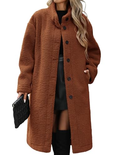 NRZD Long Fleece Coats for Women, Warm Faux Fur Jackets Button Down Winter Coats Textured Fleece Jackets with Pockets(Dark Camel,L)