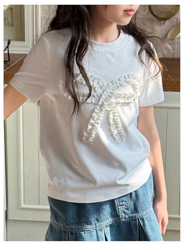 MakeMeChic Girl's Bow Crew Neck T Shirt Frill Trim Short Sleeve Summer Tee Tops4