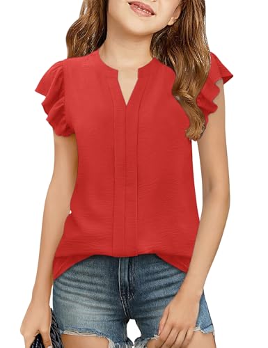 Image of Floral Find Girls Casual Ruffle Short Sleeve V Neck Textured Shirts Summer Dressy Tunic Top Blouses