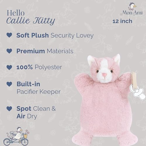 Image of MON AMI Callie Kitty Pacifier Holder & Security Blanket | 12-Inch Soft Plush Baby Blanket with Velcro Pacifier Holder | Perfect Newborn Essential for Birthdays & Baby Showers