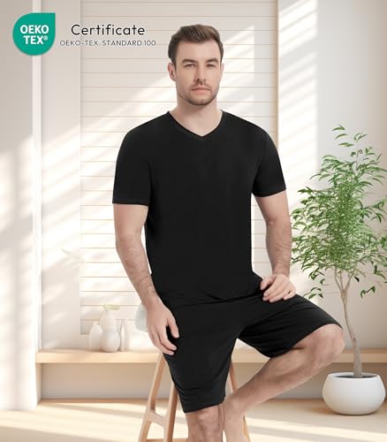 Image of NACHILA Pajamas for Men Pj Short Sleeve Sleepwear with Shorts V Neck Loungewear Cool Pajama,Viscose Made from Bamboo