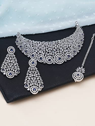Image of Karatcart American Diamond Studed Blue Choker Necklace Set