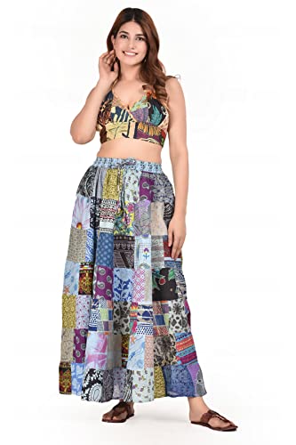 Hippie Forever Women's Boho Patchwork Skirts,High Waist Elastic Beach Maxi with Pocket,One Size (Waist 30-36 inches)3