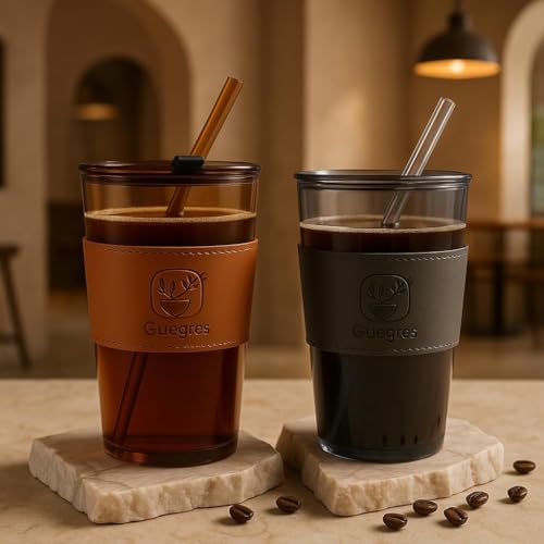 Image of 400ml Glass Sipper Mug with Leather Grip Sleeve - Leak-Proof Lid & Straw | Reusable Tumbler for Hot & Cold Beverages, Water, Juice, Coffee | Home, Bar, Office Use (Big Black Mug)