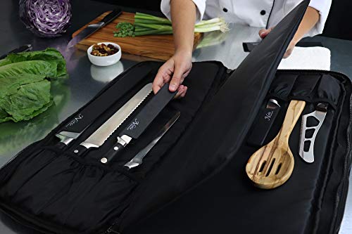 Waxed Canvas Chef Knife Bag Holds 19 Knives Plus Knife Steel Meat Cleaver And Large Storage Compartments! Our Most Durable Professional Line Knife Carrier Includes Custom Padlock! (Bag Only) (Black) #TOP2