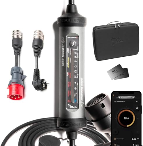 Juice Booster 3 Air Basic Set, Mobile Wallbox 11kW con App, Sin Instalación, Cargador Coche Electrico con Cable Tipo 2, Ligero e Impermeable IP67, Incluye Adaptador CEE16 Rojo 3 Fases + EU Schuko